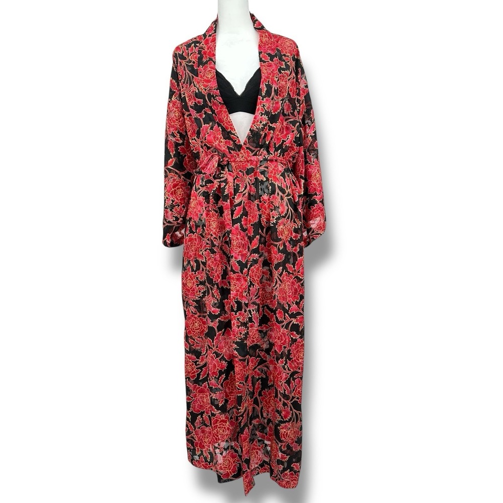 Victoria's‎ Secret Y2K Sheer Floral Long Kimono Robe P/S Red Black Goth Romantic